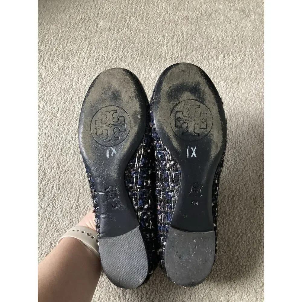 Tory Burch Serena 2 Blue Tweed Leather Ballet Flats Size 7 Classy Preppy Career